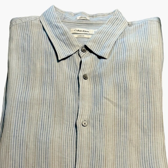 NEW Calvin Klein Long Sleeve Button Down Linen Shirt Size XL Thin Blue Stripe - Picture 1 of 11